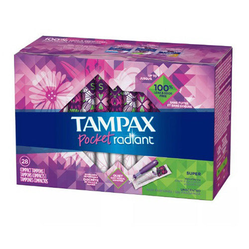 Tampons by Tampax with Pocket Radiant Super Absorbency Compact , 28 Ea
